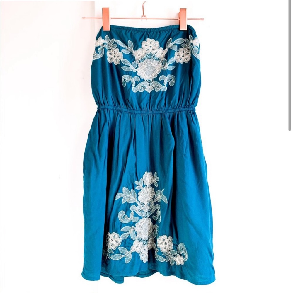 Billabong Strapless Teal Dress with Floral Embroidery